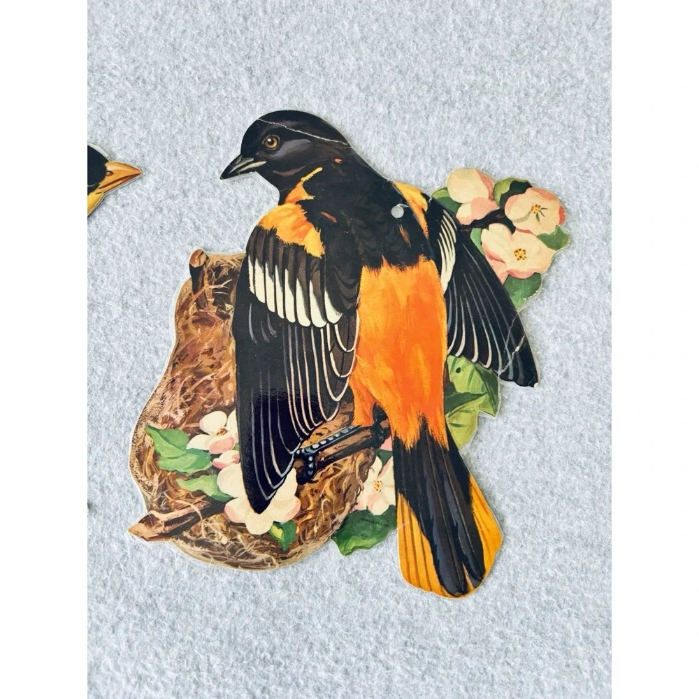 Lot of 3 Vintage Dennison Colorful Bird 1950's Die-Cut Decorations Laminated